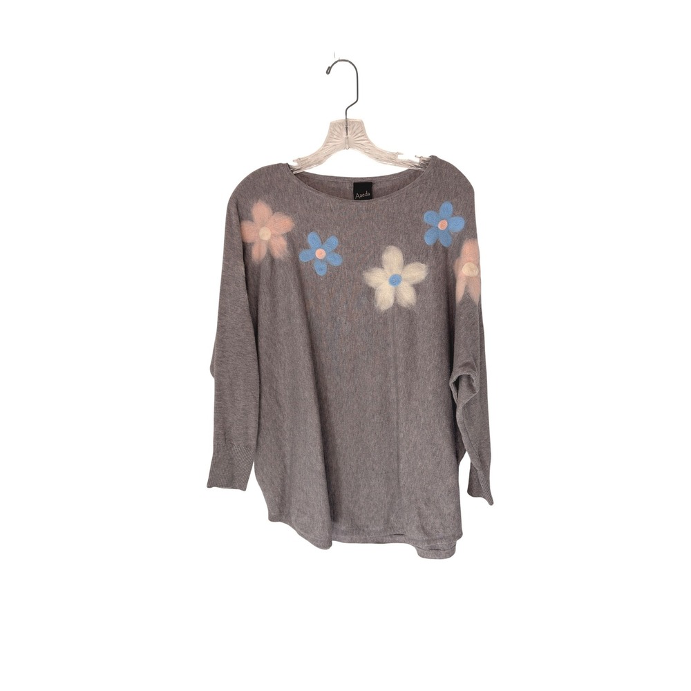 Aaeda‎ Sweater Gray Felt Flowers Stretch Knit Cozy Soft Basic Casual 1X